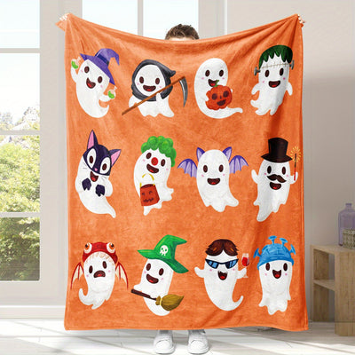 Halloween Cute Ghost Pattern Flannel Throw Blanket: Warm, Cozy, and Spooky for Couch, Bed, and More!