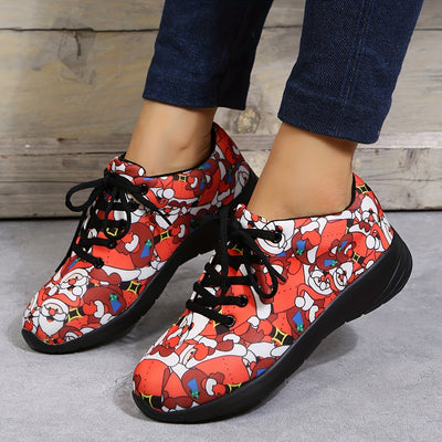 Sleigh into Style with Women's Santa Claus Print Sneakers - Festive Lace-Up Low Top Trainers for Comfortable Walking