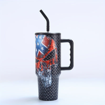 40oz Skull & US Flag Tumbler with Lid & Straw - Perfect for Car, Home, Office, Travel & Independence Day Gifts!