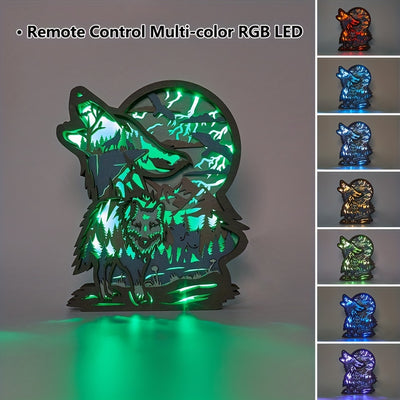 Wolf Head 3D Wooden Art Carving LED Night Light: Nature-inspired Home Décor Perfect for Father's Day