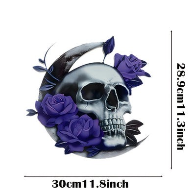 Enchanting Purple Flower & Moon Skull Metal Wall Art: A Striking Décor for Your Home or Office