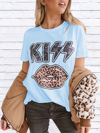 Vintage Leopard Lips Print T-shirt, Retro Short Sleeve Crew Neck T-shirt, Casual Every Day Tops, Women's Clothing