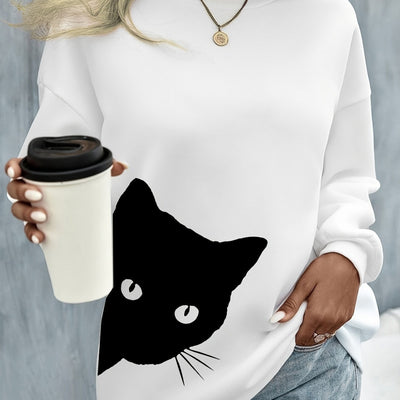 Women's Sweatshirt with Black Cat Print - Long Sleeve, Drop Shoulder, Casual Winter & Fall Style