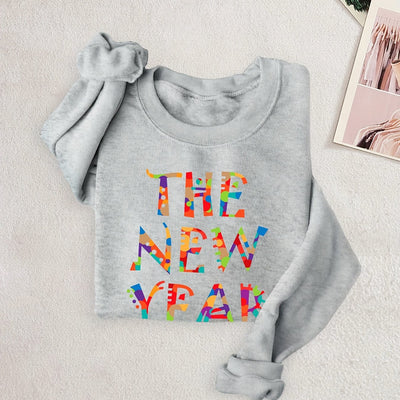 The New Year Print Long Sleeve Sweatshirt, Crew Neck Pullover Tops For Winter, Women's Clothing