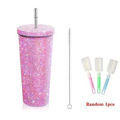 500ml/16.9oz Rhinestone Design Double Stainless Steel Thermal Bottle and Straw - Portable Tumbler Cup for Coffee and Water