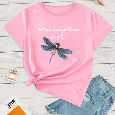 Colorful Dragonfly & Letter T-Shirt, Cute Cartoon Short Sleeve Crew Neck Shirt, Casual Every Day Tops, Women's Clothing