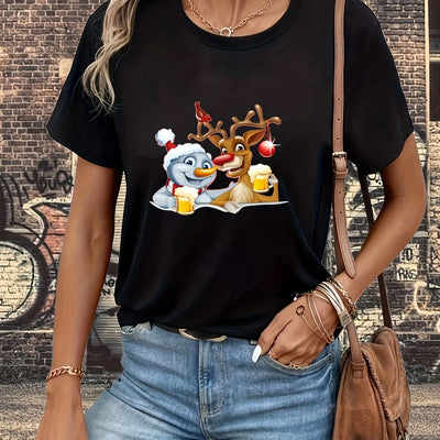 Festive Christmas Graphic Pattern T-Shirt: Effortlessly Stylish Casual Short Sleeve Tee for Women's Spring/Summer Wardrobe