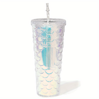 1pc Glossy Fish Scale Pattern Tumbler With Lid And Straw, Double Walled Plastic Water Bottle, Summer Winter Drinkware, Travel Accessories