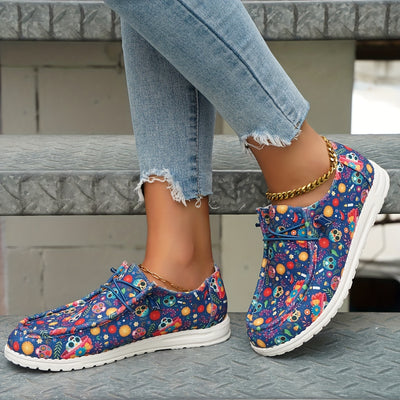 Colors Skull & Flower Print Women's Canvas Shoes, Casual Lace Up Outdoor Shoes, Lightweight Low Top Halloween Shoes