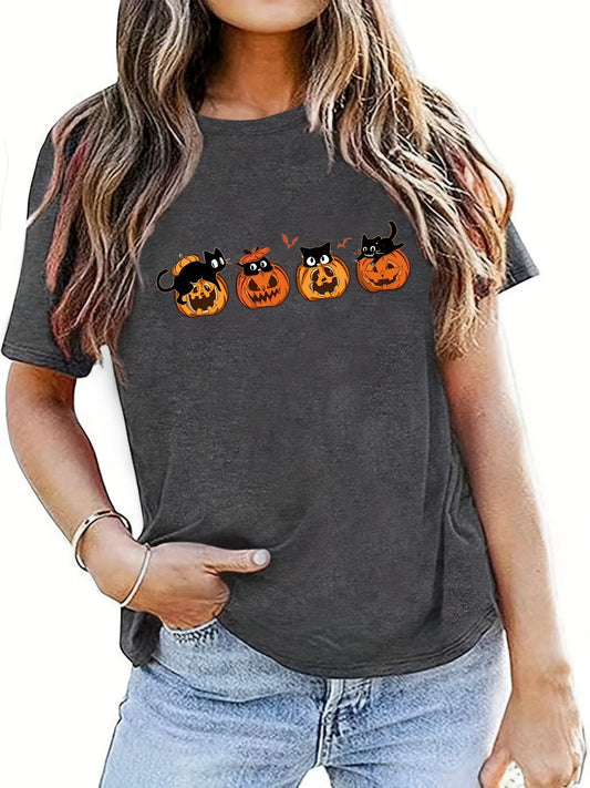 Add a unique spin to your wardrobe this season with this Halloween Pumpkin and Cat Pattern Tee. Featuring a stylish and spooky print, this eye-catching top is the perfect addition to any women's clothing collection. Perfect for day or night, this tee is sure to draw compliments.