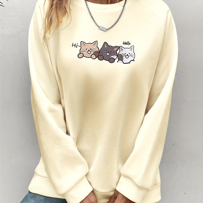 Cute Cat Pattern Crew Neck Sweatshirt: Embrace Casual Chic with this Stylish Women's Long Sleeve Raglan Shoulder Sweatshirt