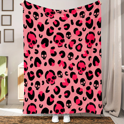 Cozy and Stylish: Pink Skull Leopard Print Flannel Blanket, Perfect for Couch, Sofa, Office, Bed, Camping, and Traveling