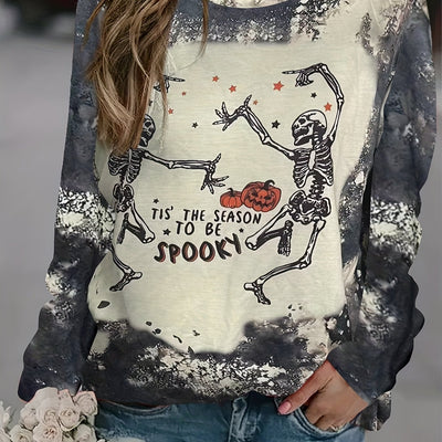 Halloween Dancing Skull & Text Print Sweatshirt, Casual Crew Neck Long Sleeve Halloween Sweatshirt, Women's Clothing