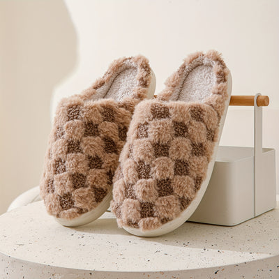 Cozy Plaid Pattern Warm Home Slippers: Slip-On, Round Toe, Non-Slip Fluffy Soft Sole Slides Shoes