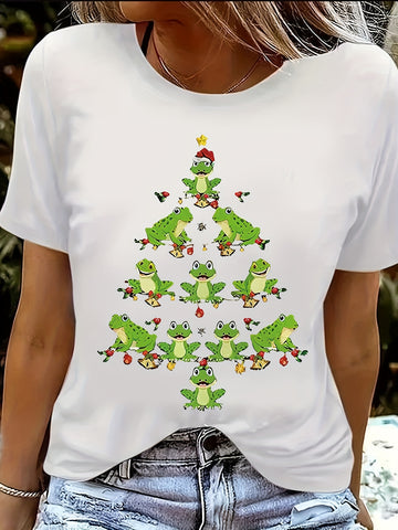 Festive Frogs: Christmas Tree Print T-Shirt – A Playful Addition to Women's Casual Wardrobe