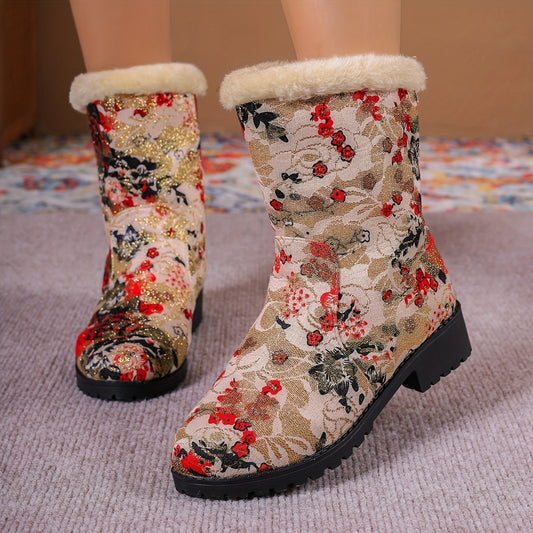 Stay stylish and comfortable in any weather with these Women's Retro Floral Print Snow Boots. Featuring a thermal plush-lined interior and mid-calf design, these boots will keep your feet warm and dry. Perfect for winter outdoor style.