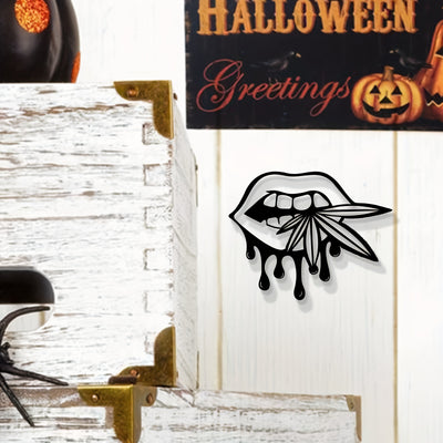 Bold and Bewitching: Black Metal Art Lips Bitting Weed Leaf Halloween Décor – A Striking Hanging Pendant for Garden, Living Room, Bedroom, and Balcony