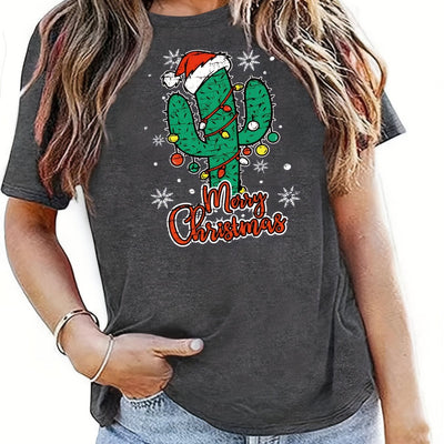 Festive Vibes: Christmas Cactus Print T-Shirt - Casual & Comfy Women's Crew Neck Top