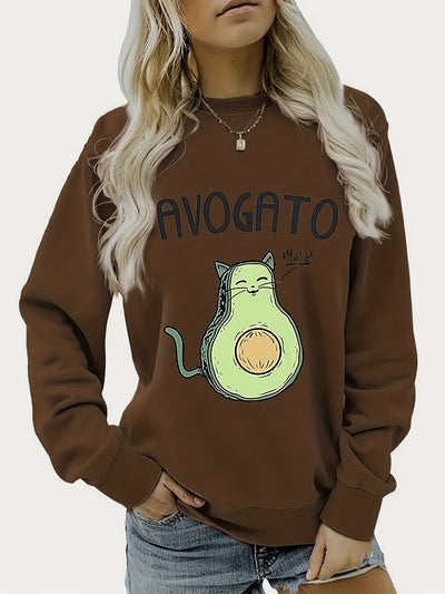 Avogato Love: Cute Cat Print Sweatshirt - Casual Long Sleeve Crew Neck Sweater for Women