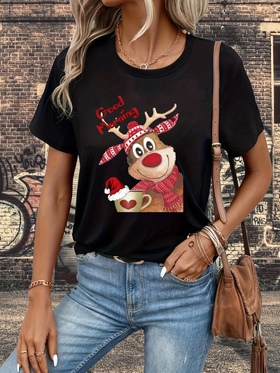 Stylish and Festive: Christmas Deer Pattern T-Shirt - Perfect for Spring-Summer Fashion