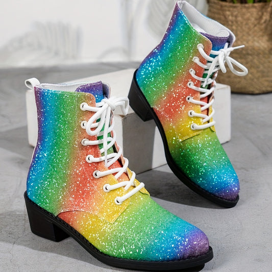 Take your outfit to the next level with these Stylish Rainbow Lace-Up Boots. With a chunky heel and colorful sequins decoration, they are sure to make a statement wherever you go. Perfect for fashion-forward dressers, you'll be ahead of the trends with these stylish and eye-catching boots.