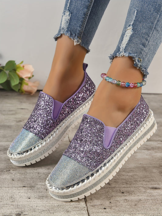 Add some sparkle to your footwear with the Shine and Sparkle Loafers. Crafted with genuine rhinestones and glitter for a fashionable look, these slip-on shoes provide all-day comfort while allowing you to stand out. Perfect for any occasion.