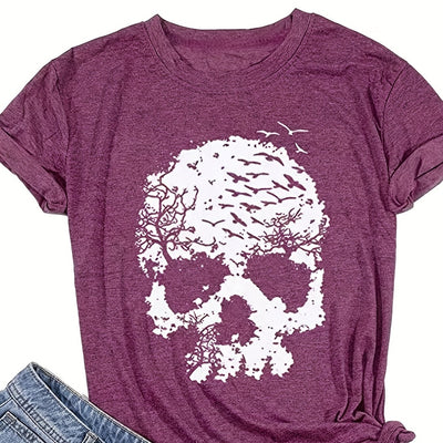 Skull Halloween Pattern T-shirt, Casual Crew Neck Short Sleeve T-shirt, Women's Clothing