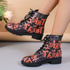 Stylish and Spooky: Women's Halloween Print Combat Boots - Lace-Up, Lug Sole Ankle Boots for Casual All-Match Appeal