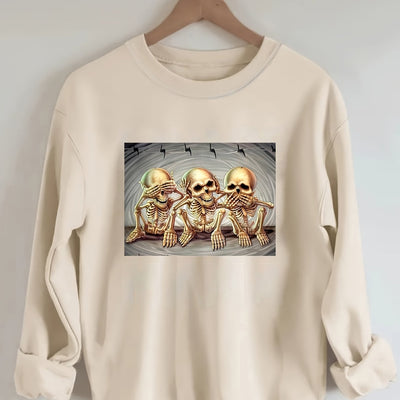 Skull Pattern Plus Size Halloween Sweatshirt: Casual and Stylish Women's Round Neck Long Sleeve Sweatshirt