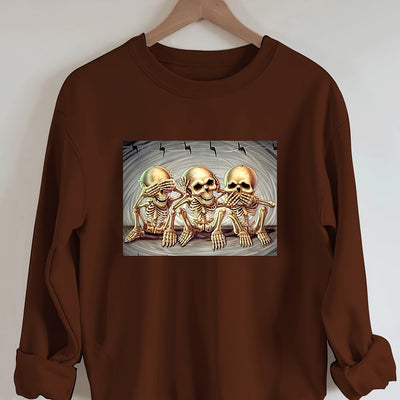 Skull Pattern Plus Size Halloween Sweatshirt: Casual and Stylish Women's Round Neck Long Sleeve Sweatshirt