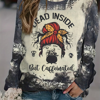 Halloween Dancing Skull & Text Print Sweatshirt, Casual Crew Neck Long Sleeve Halloween Sweatshirt, Women's Clothing