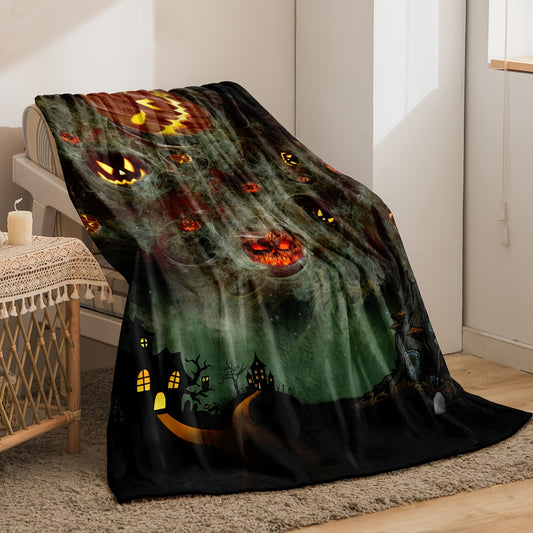Haunted Harvest: Halloween Horror Pumpkin Print Blanket - Soft and Cozy Flannel Throw for All-Season Comfort