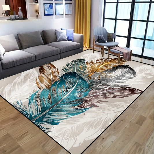 This unique rug adds stylish elegance to any living space. Its feather-inspired design features a non-slip resistant backing for added safety and an extra-soft fabric for superior comfort. Transform your room with this striking piece of décor.