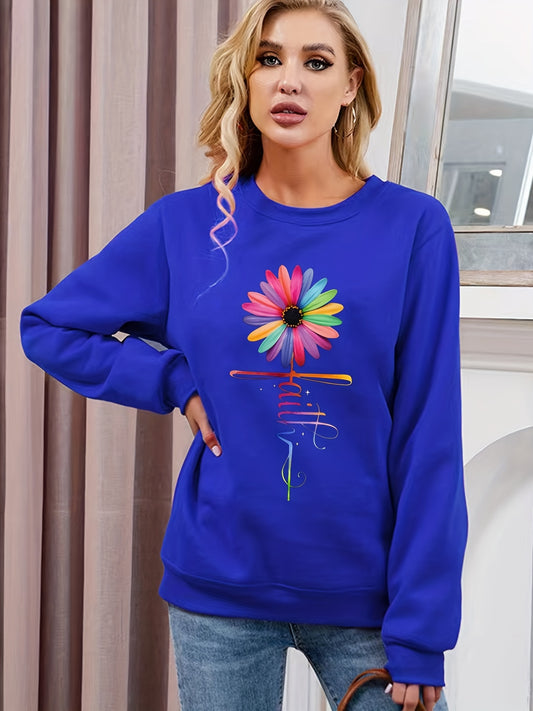 Stay fashionable and warm during Fall and Winter with our Faith & Colorfull Flower Print Sweatshirt. This Women's Clothing features a Casual Long Sleeve Crew Neck Sweatshirt, perfect for staying stylish and cozy in the cold months.