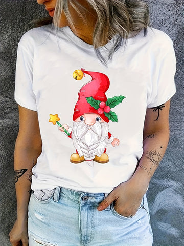 Festive Holiday Charm: Christmas Gnome Print T-Shirt – Women's Casual Crew Neck Short Sleeve Top