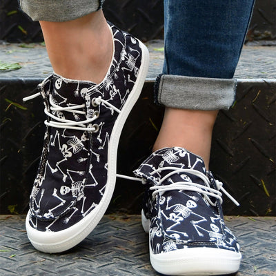 Lightweight Women's Skeleton Print Canvas Shoes - Lace-Up Halloween Loafers for Casual Low Top Sneakers