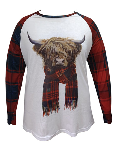 Comfy and Trendy: Women's Plus Size Colorblock Plaid Cow Print T-Shirt with Long Sleeves