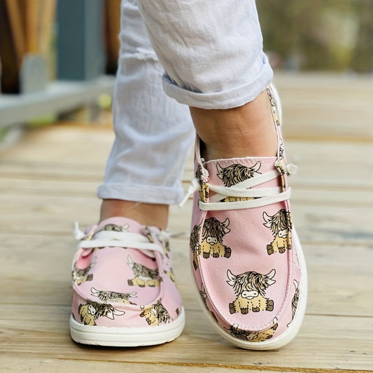 Cute and Comfortable Women's Cow Design Print Canvas Shoes - Low Top Lace Up Round Toe Casual Walking Shoes
