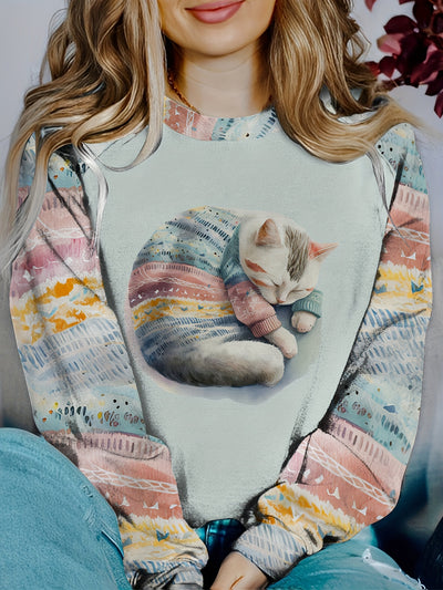 Adorable Feline Frenzy: Women's Cute Cat Print Crew Neck Sweatshirt - Casual, Long Sleeve & Drop Shoulder