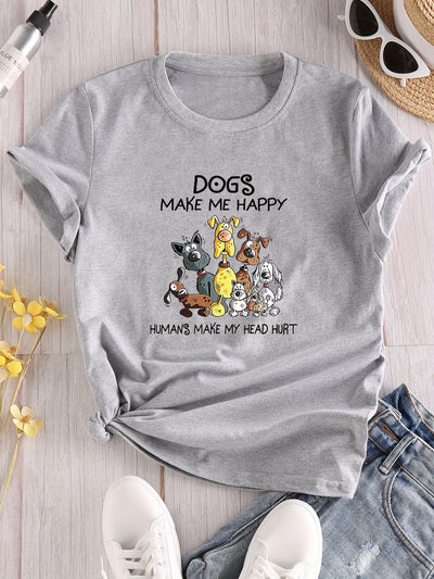 Casual and Trendy: Cartoon Dog Print Crew Neck T-Shirt for Fashionable Summer Looks