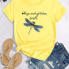 Colorful Dragonfly & Letter T-Shirt, Cute Cartoon Short Sleeve Crew Neck Shirt, Casual Every Day Tops, Women's Clothing