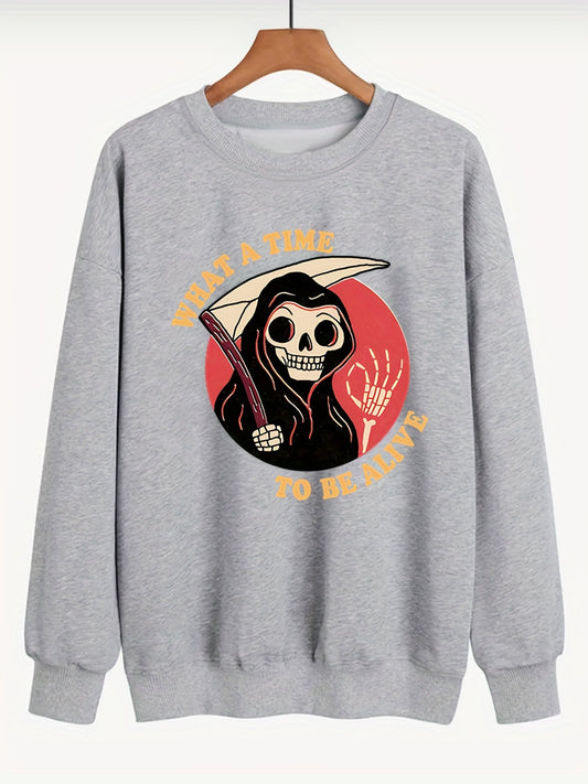 Darkly Stylish: Women's Plus Size Halloween Grim Reaper Sweatshirt with Slogan Print