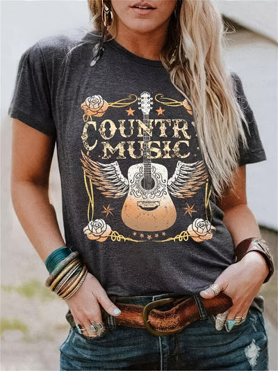 Show off your love for Country music with this casual and stylish Vintage 'Country Music' Letter Print T-Shirt. This retro-style short sleeve crew neck top is made with high-quality fabric, perfect for all seasons. It makes a great gift for any country music fan.