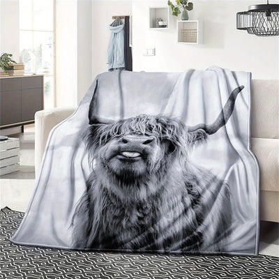 Grey Highland Cow Pattern Plush Bed Blanket, Cow Tapestry Blanket