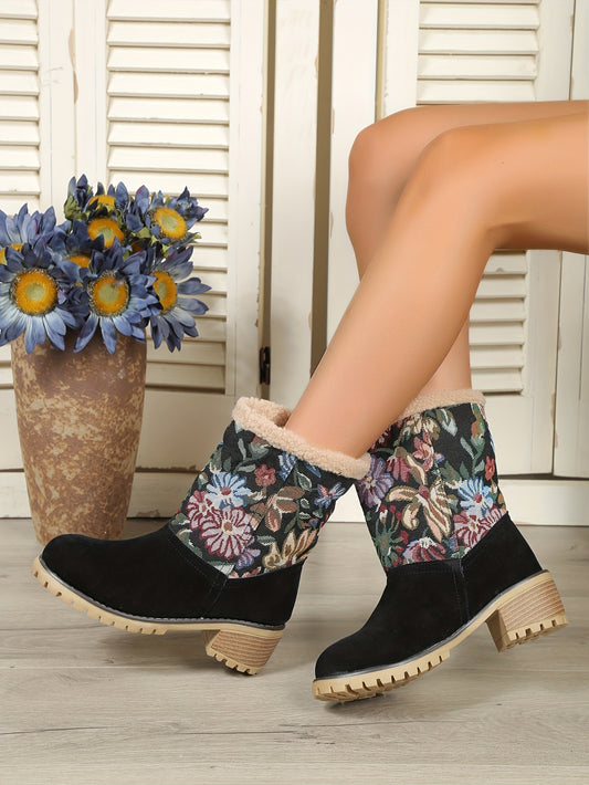 Stay warm and stylish during winter with this pair of Women's Flower Pattern Chunky Heel Boots. These casual slip-on shoes feature a plush lining for comfortable wear, and the flower pattern provides a unique, fashionable look. The chunky heel provides great stability all season long.