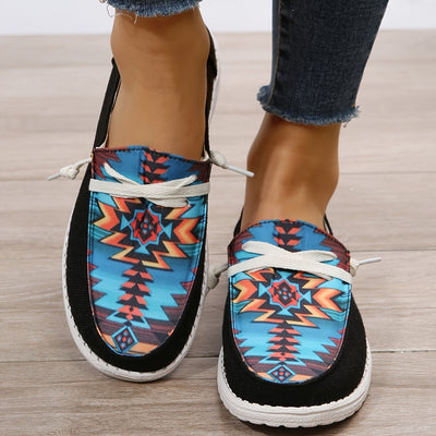 Lightweight Geometric Pattern Canvas Shoes for Women - Non-Slip Low Top Casual Walking Shoes in Black