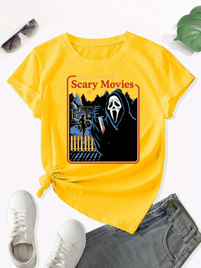 Horrific Halloween Crew Neck T-Shirt: Unleash Your Spooky Side this Halloween with our Casual Short Sleeve T-Shirt for Women