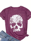 Skull Halloween Pattern T-shirt, Casual Crew Neck Short Sleeve T-shirt, Women's Clothing