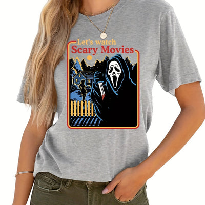 Horrific Halloween Crew Neck T-Shirt: Unleash Your Spooky Side this Halloween with our Casual Short Sleeve T-Shirt for Women