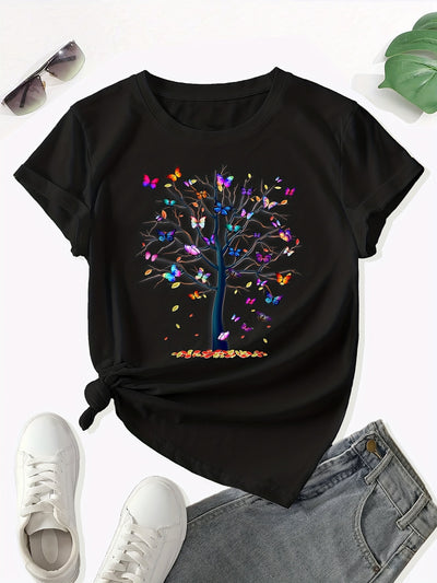 Colorful Butterfly Tree Print Crew Neck T-Shirt: A Vibrant Addition to Your Spring/Summer Wardrobe